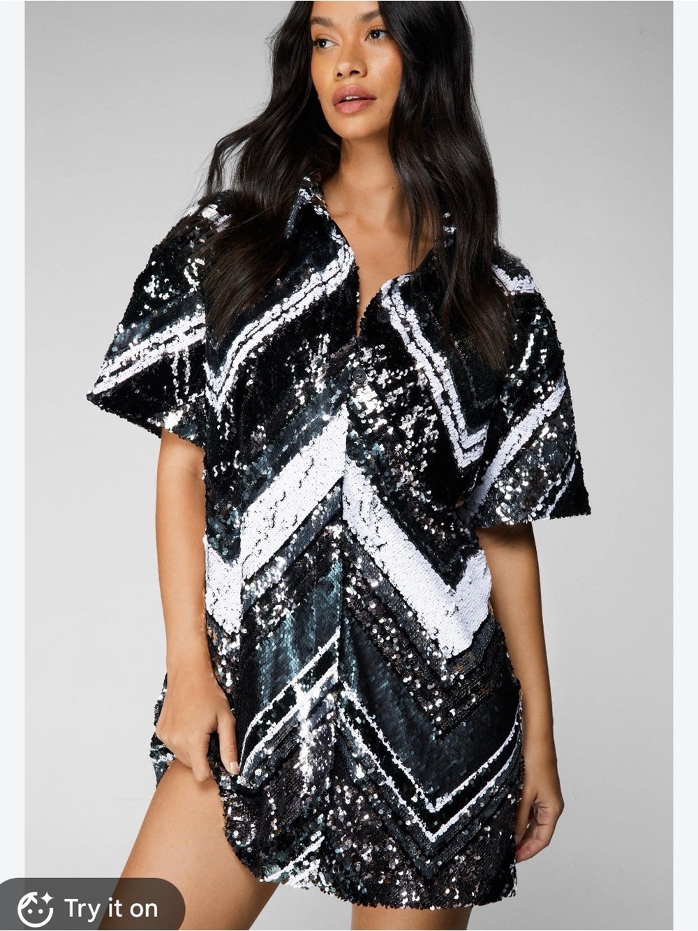NWT Nasty Gal Sequin Chevron Shirt Dress Size 6 Black Silver Party Mini